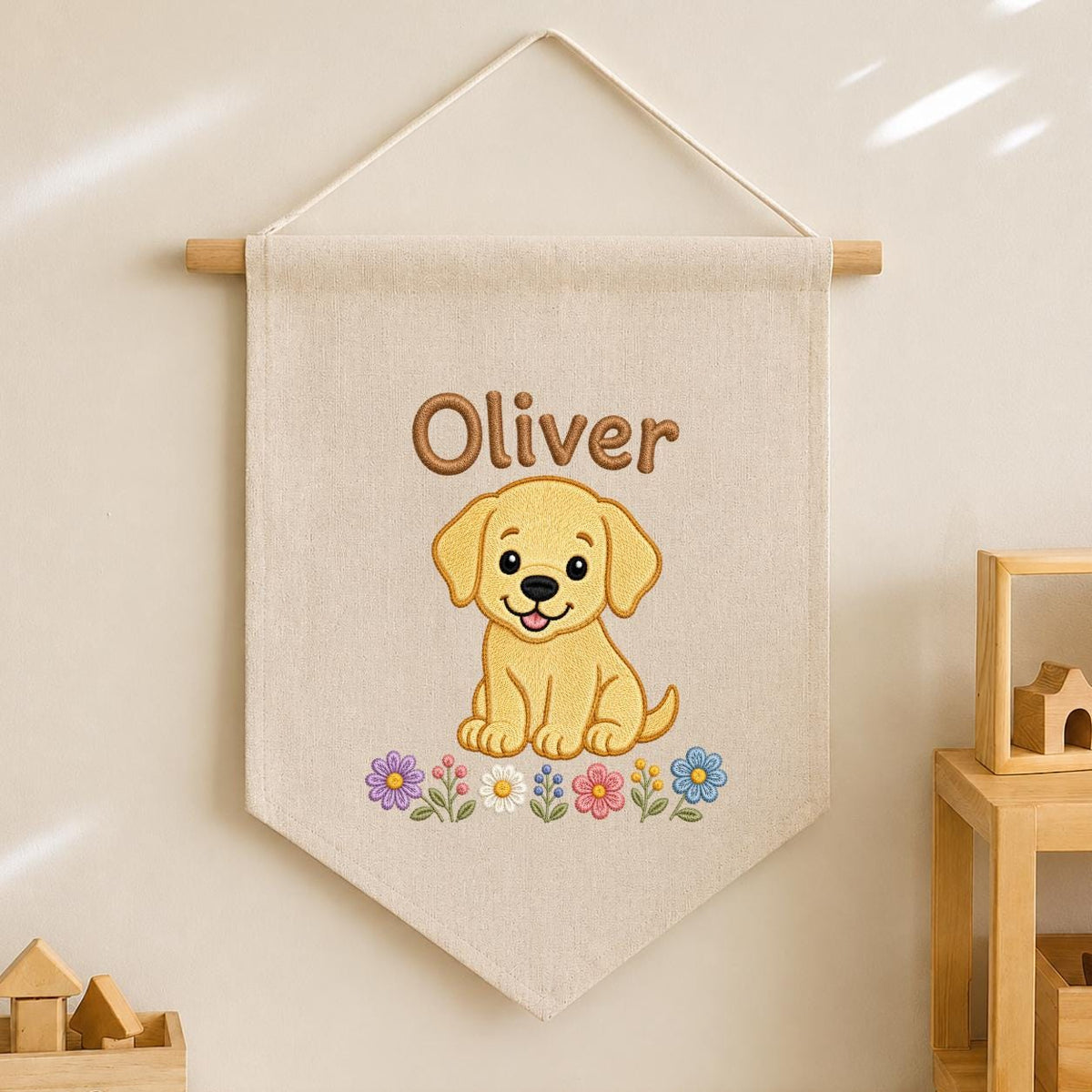 Personalized Puppy Dog Embroidered Banner, Floral Nursery Decor, Custom Name Wall Art