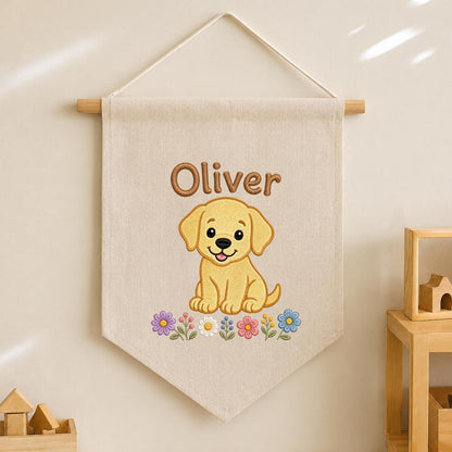 Personalized Puppy Dog Embroidered Banner, Floral Nursery Decor, Custom Name Wall Art