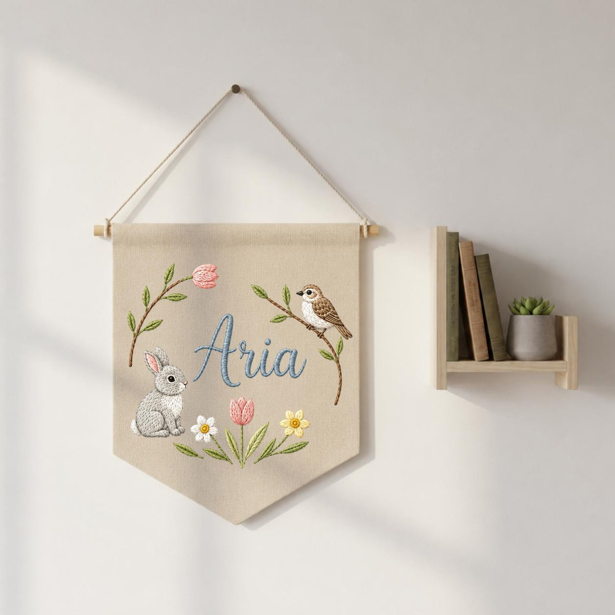 Personalized Embroidered Bunny Bird Pennant Banner, Woodland Nursery Decor