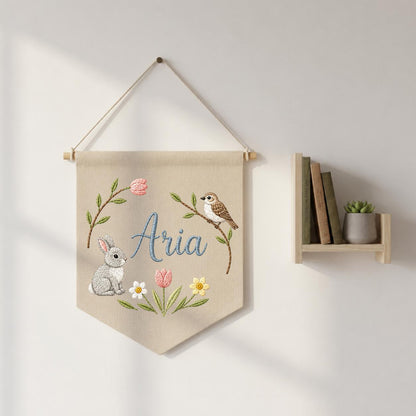 Personalized Embroidered Bunny Bird Pennant Banner, Woodland Nursery Decor