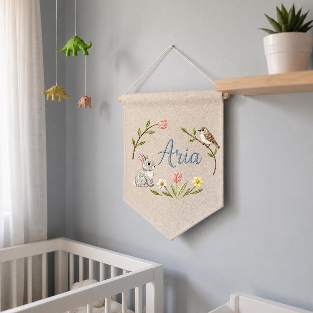 Personalized Embroidered Bunny Bird Pennant Banner, Woodland Nursery Decor