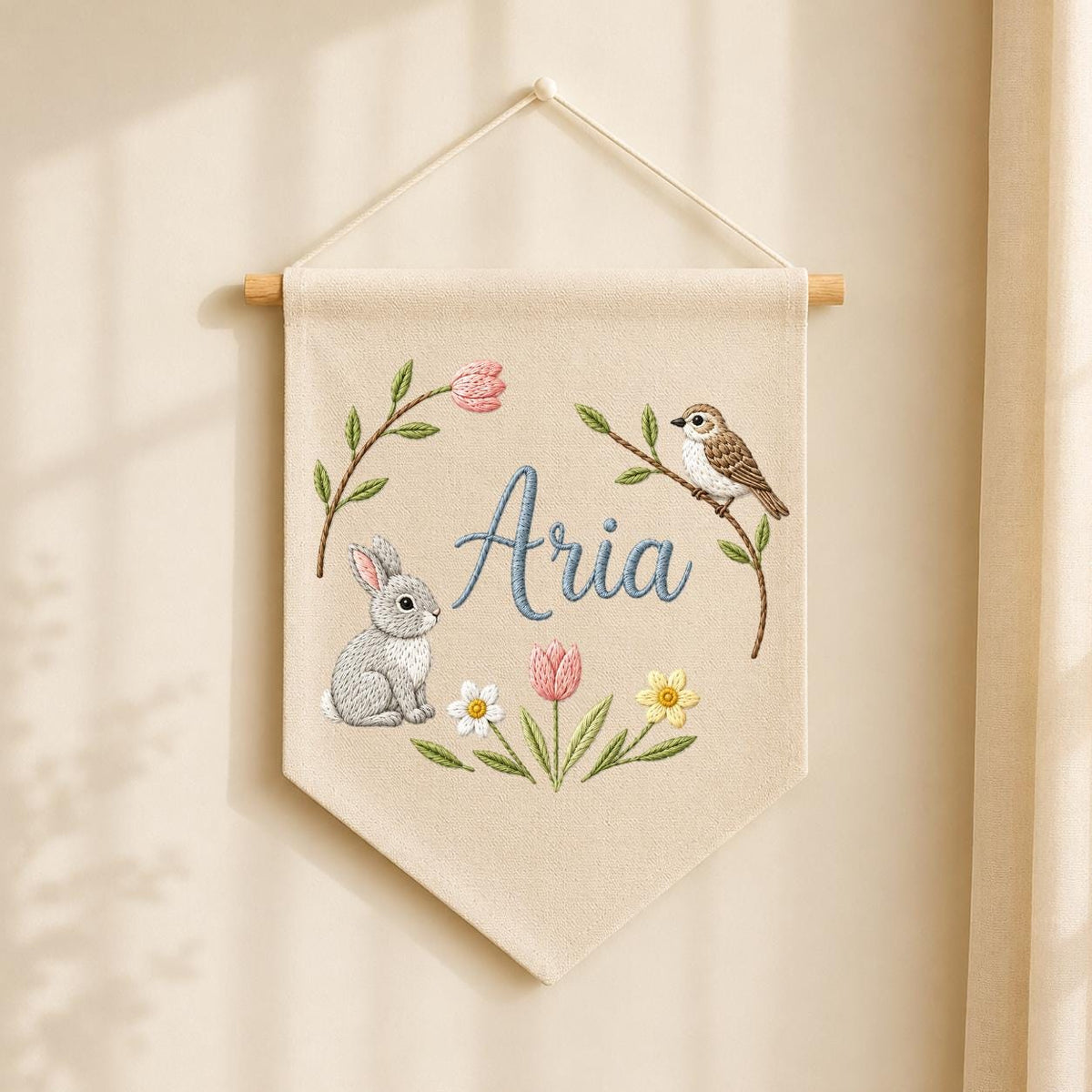 Personalized Embroidered Bunny Bird Pennant Banner, Woodland Nursery Decor