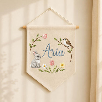 Personalized Embroidered Bunny Bird Pennant Banner, Woodland Nursery Decor
