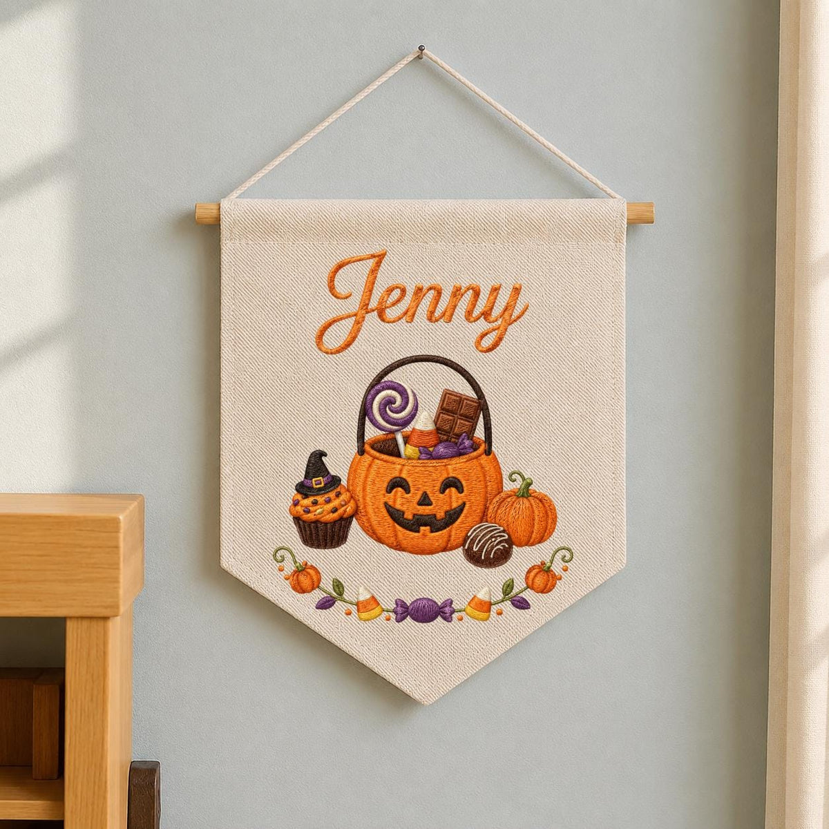Personalized Halloween Embroidered Banner, Custom Name Pumpkin Decor, Kids Trick or Treat Canvas Pennant