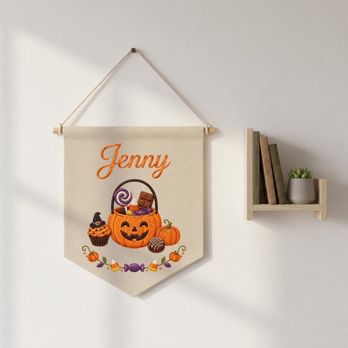 Personalized Halloween Embroidered Banner, Custom Name Pumpkin Decor, Kids Trick or Treat Canvas Pennant