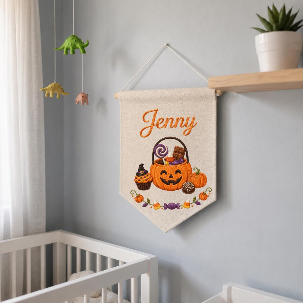Personalized Halloween Embroidered Banner, Custom Name Pumpkin Decor, Kids Trick or Treat Canvas Pennant