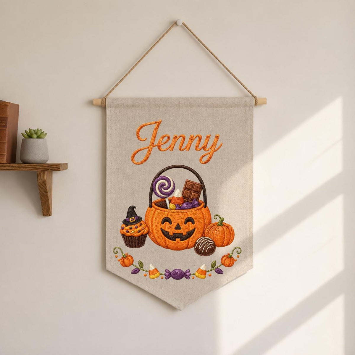 Personalized Halloween Embroidered Banner, Custom Name Pumpkin Decor, Kids Trick or Treat Canvas Pennant