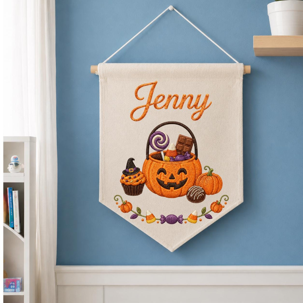 Personalized Halloween Embroidered Banner, Custom Name Pumpkin Decor, Kids Trick or Treat Canvas Pennant