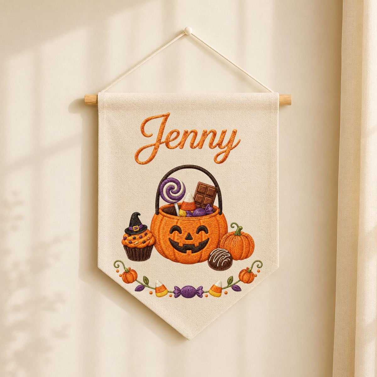 Personalized Halloween Embroidered Banner, Custom Name Pumpkin Decor, Kids Trick or Treat Canvas Pennant