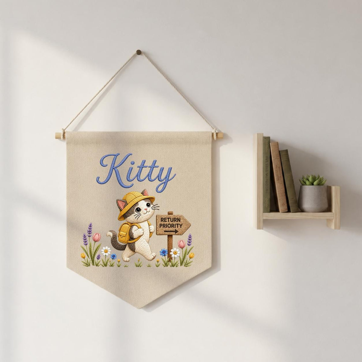Personalized Embroidered Cat Name Banner, Explorer Kitten Fabric Wall Hanging
