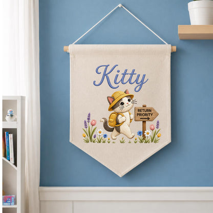 Personalized Embroidered Cat Name Banner, Explorer Kitten Fabric Wall Hanging