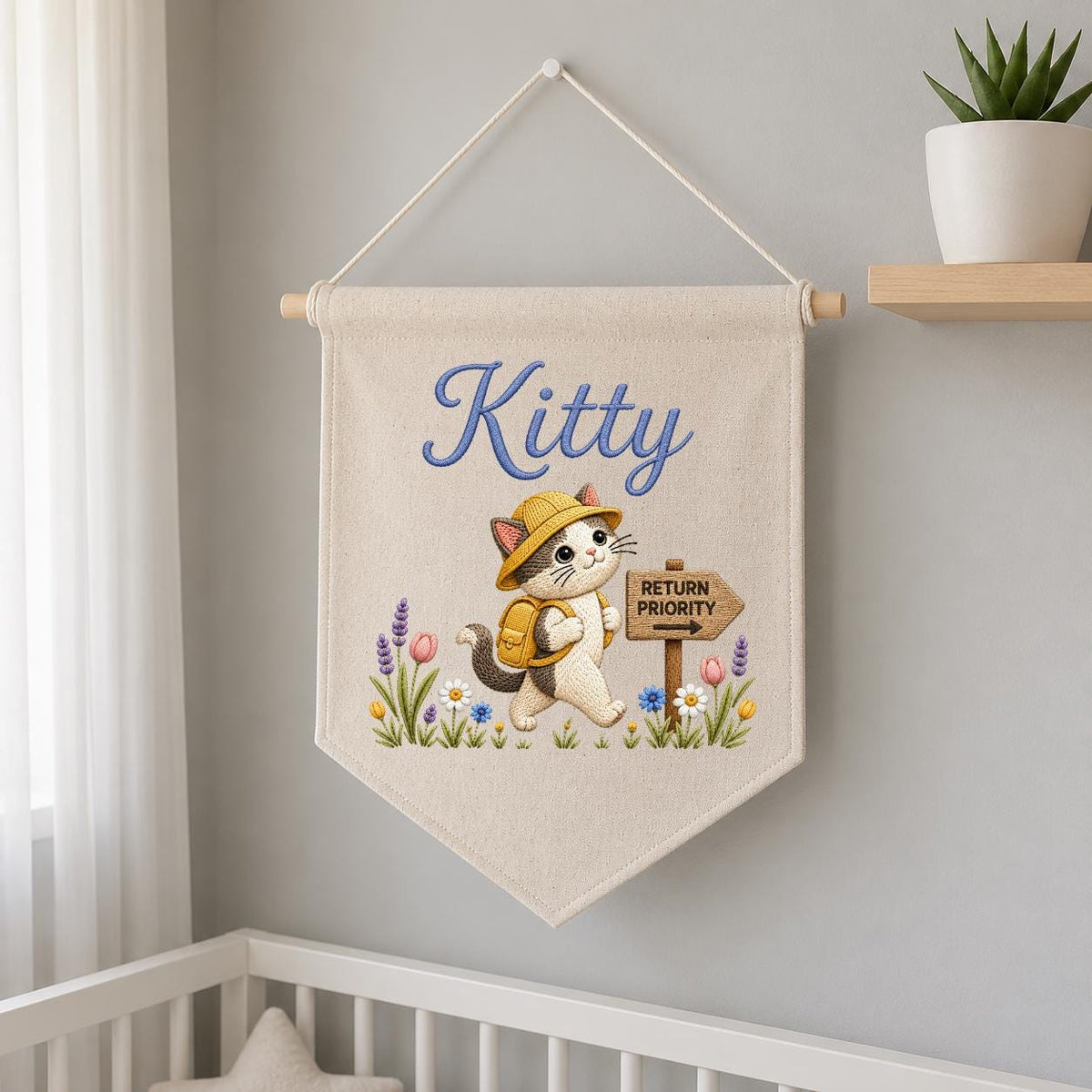 Personalized Embroidered Cat Name Banner, Explorer Kitten Fabric Wall Hanging