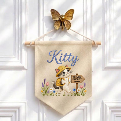 Personalized Embroidered Cat Name Banner, Explorer Kitten Fabric Wall Hanging