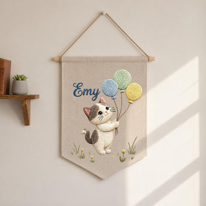 Personalized Embroidered Cat Pennant Banner, Kitten Nursery Wall Decor, Hemp Fabric Hanging