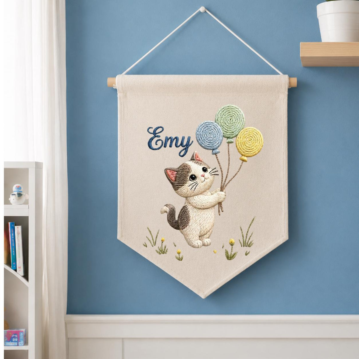 Personalized Embroidered Cat Pennant Banner, Kitten Nursery Wall Decor, Hemp Fabric Hanging