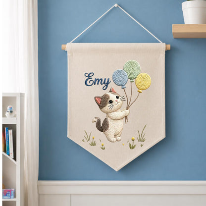 Personalized Embroidered Cat Pennant Banner, Kitten Nursery Wall Decor, Hemp Fabric Hanging