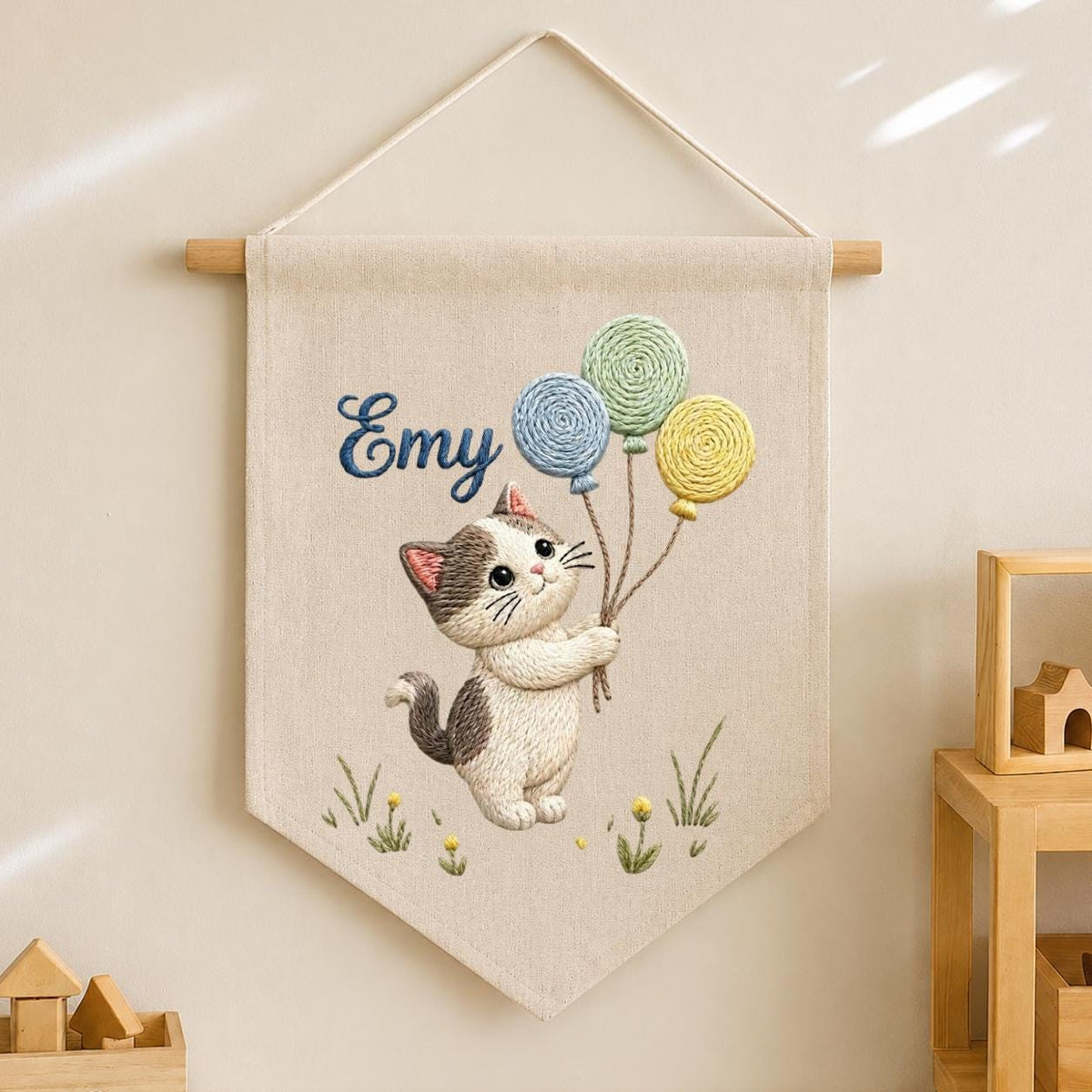 Personalized Embroidered Cat Pennant Banner, Kitten Nursery Wall Decor, Hemp Fabric Hanging