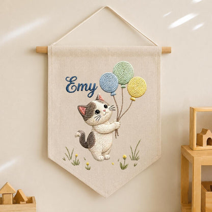 Personalized Embroidered Cat Pennant Banner, Kitten Nursery Wall Decor, Hemp Fabric Hanging