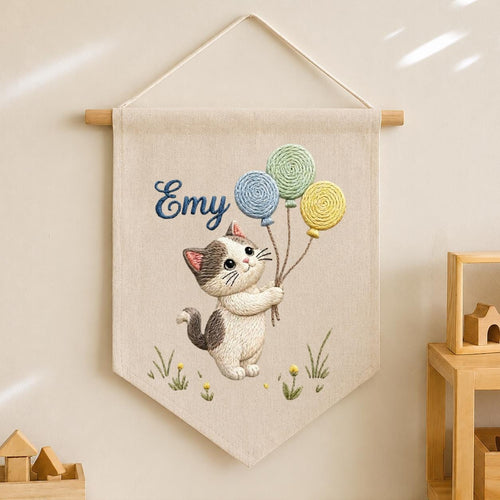Personalized Embroidered Cat Pennant Banner, Kitten Nursery Wall Decor, Hemp Fabric Hanging