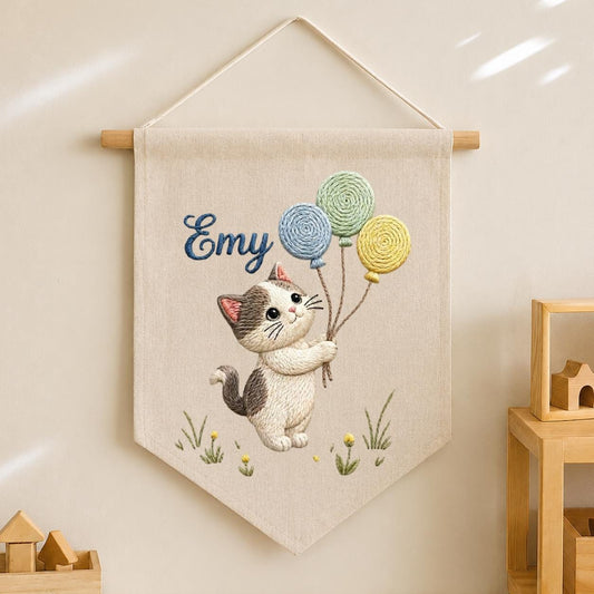 Personalized Embroidered Cat Pennant Banner, Kitten Nursery Wall Decor, Hemp Fabric Hanging