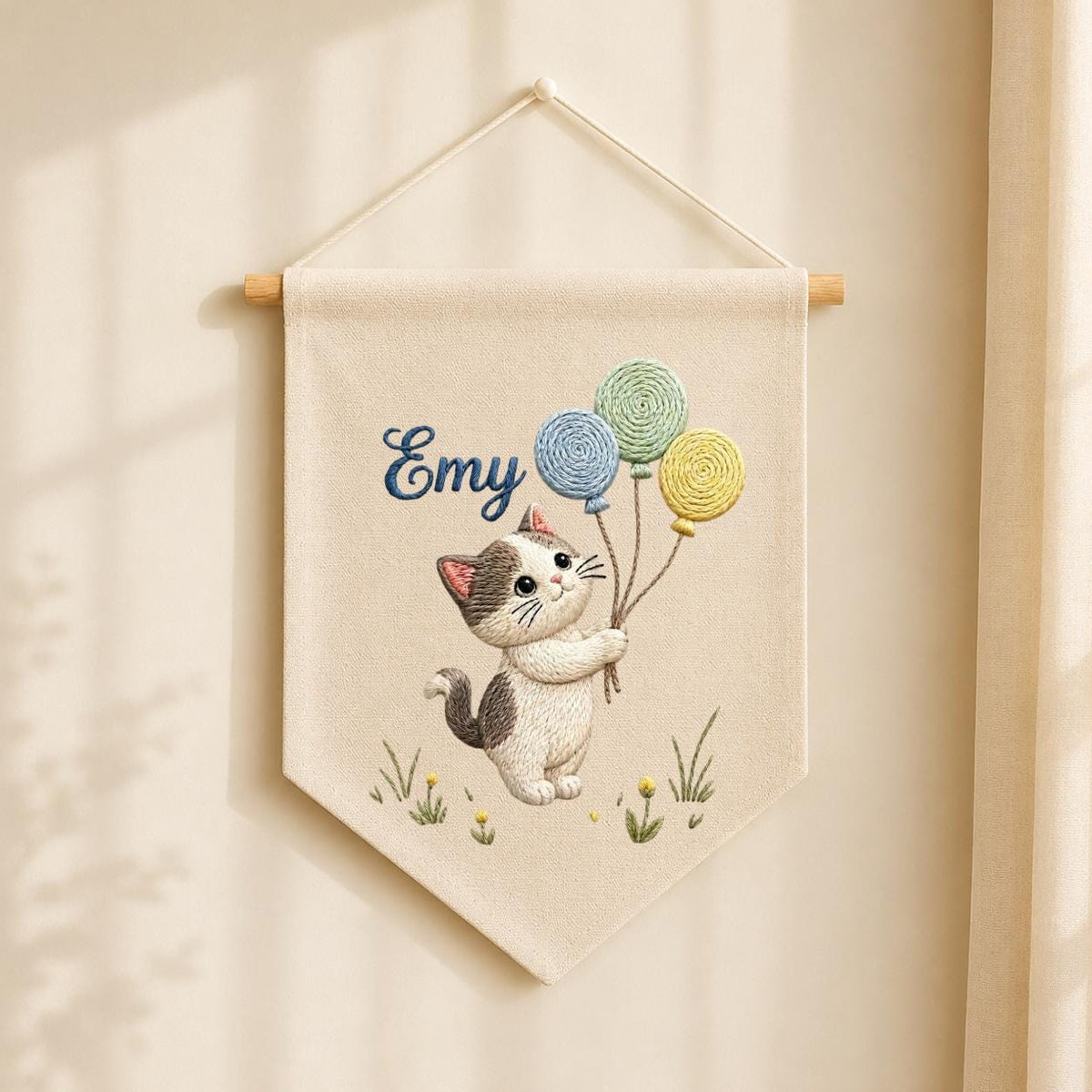Personalized Embroidered Cat Pennant Banner, Kitten Nursery Wall Decor, Hemp Fabric Hanging