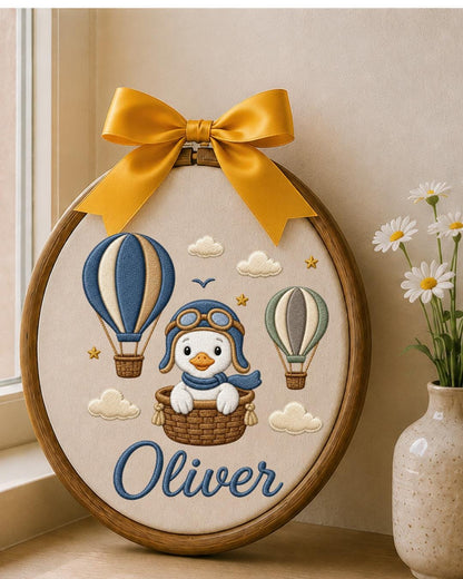 Personalized Penguin Embroidery Hoop, Custom Baby Name Ornament, Hot Air Balloon Nursery Decor, Baby Boy Room Sign, Newborn Keepsake Gift