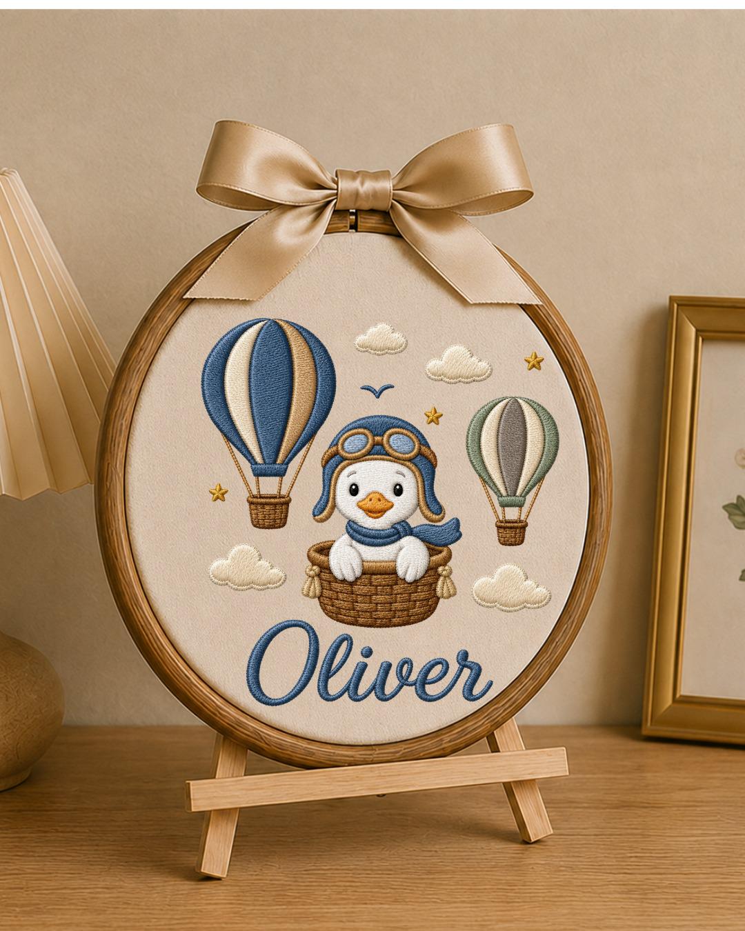 Personalized Penguin Embroidery Hoop, Custom Baby Name Ornament, Hot Air Balloon Nursery Decor, Baby Boy Room Sign, Newborn Keepsake Gift
