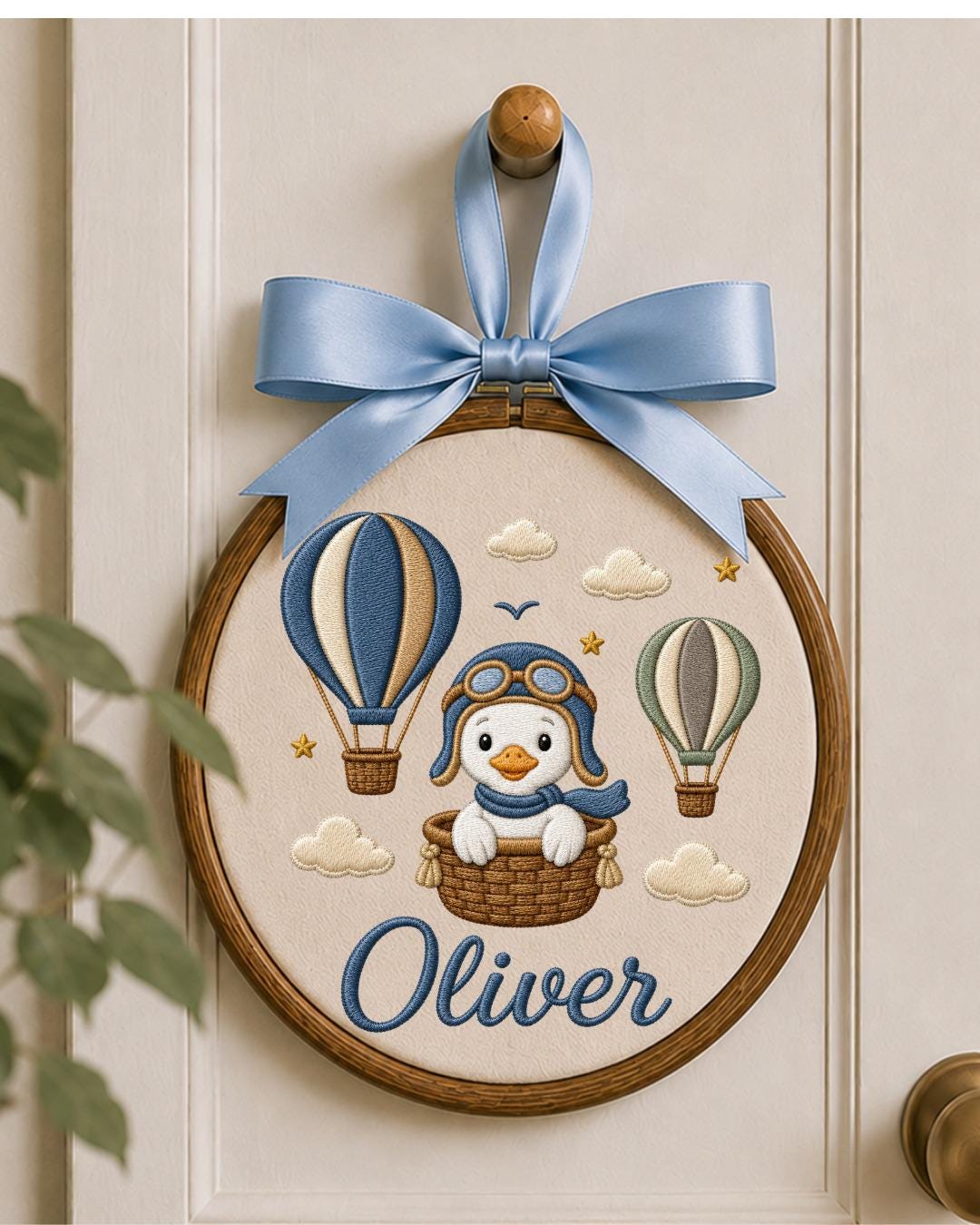 Personalized Penguin Embroidery Hoop, Custom Baby Name Ornament, Hot Air Balloon Nursery Decor, Baby Boy Room Sign, Newborn Keepsake Gift