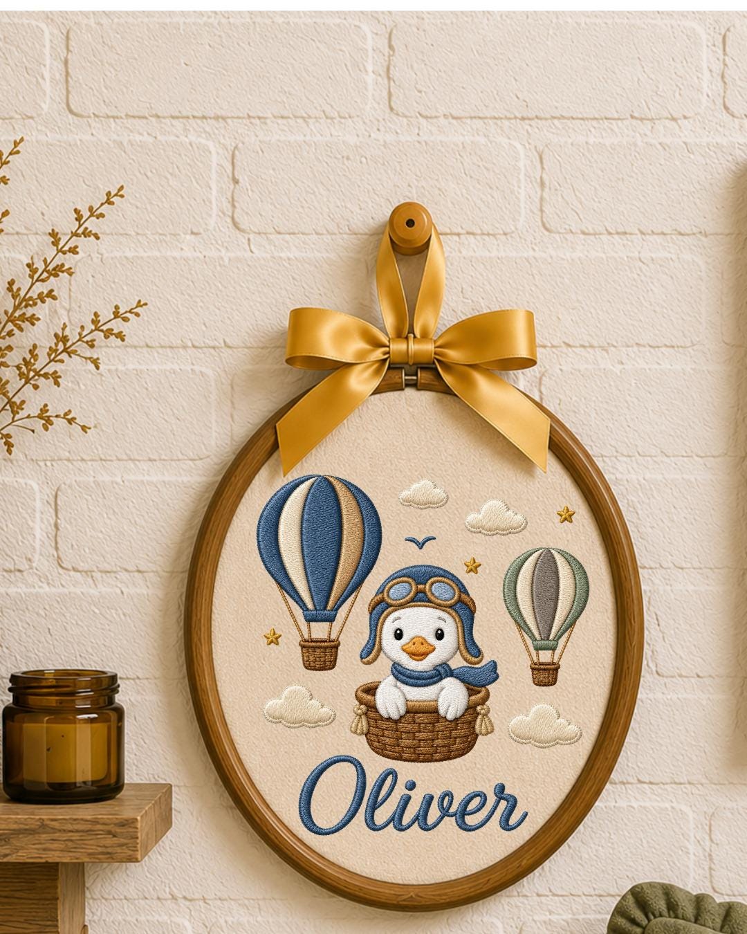 Personalized Penguin Embroidery Hoop, Custom Baby Name Ornament, Hot Air Balloon Nursery Decor, Baby Boy Room Sign, Newborn Keepsake Gift