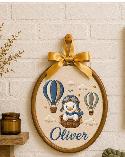 Personalized Penguin Embroidery Hoop, Custom Baby Name Ornament, Hot Air Balloon Nursery Decor, Baby Boy Room Sign, Newborn Keepsake Gift