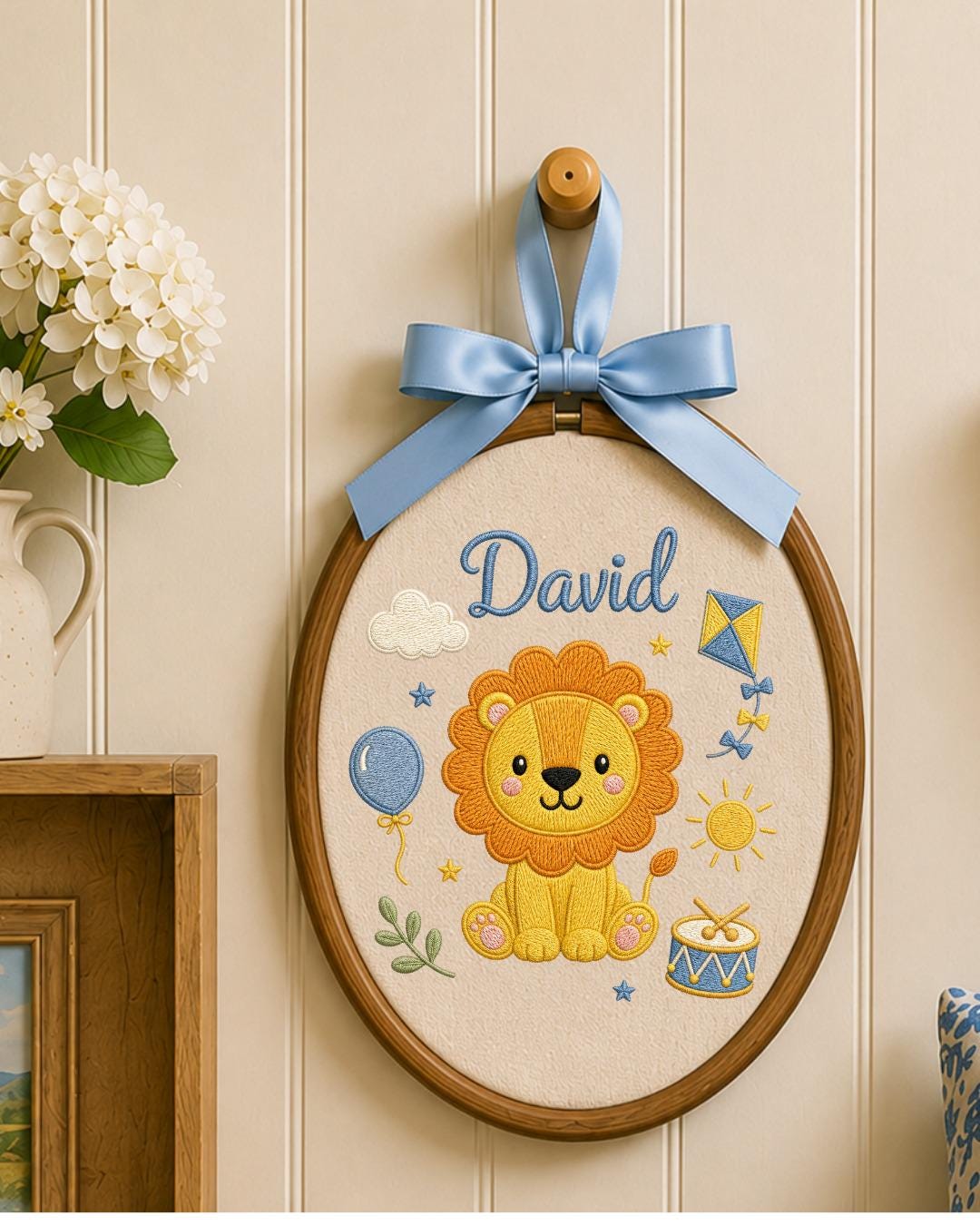 Personalized Lion Embroidery Hoop, Custom Baby Name Ornament, Safari Nursery Wall Decor, Baby Boy Room Sign, Newborn Keepsake Gift