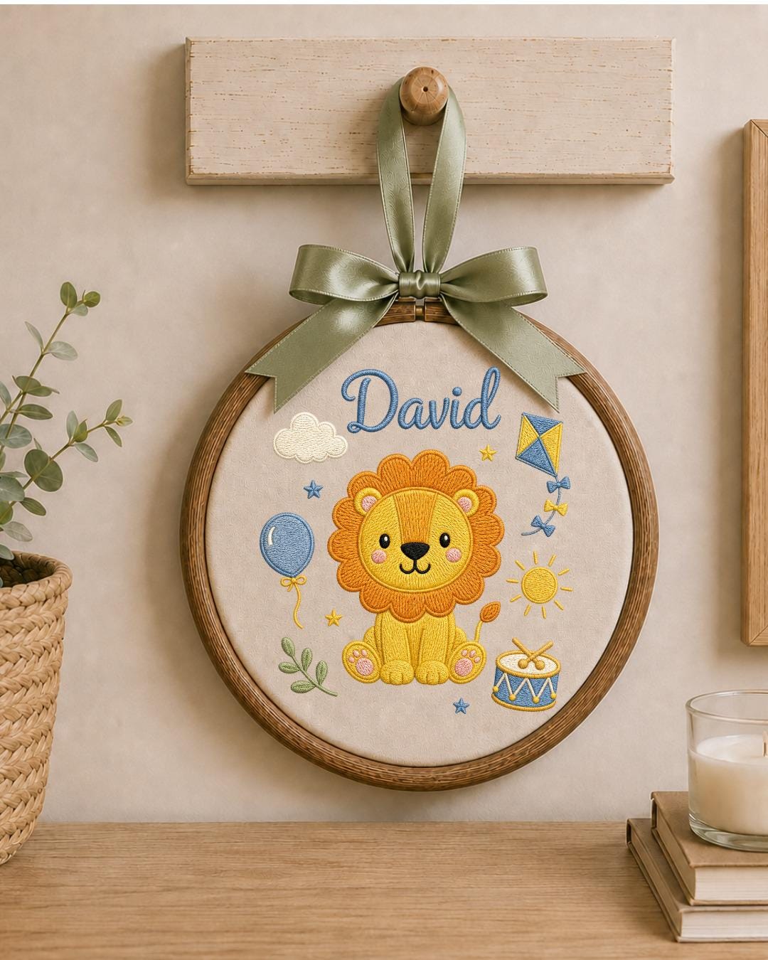Personalized Lion Embroidery Hoop, Custom Baby Name Ornament, Safari Nursery Wall Decor, Baby Boy Room Sign, Newborn Keepsake Gift