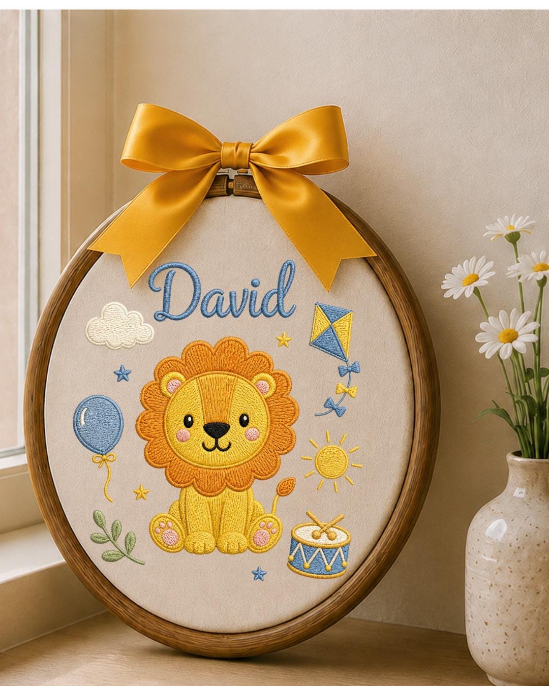 Personalized Lion Embroidery Hoop, Custom Baby Name Ornament, Safari Nursery Wall Decor, Baby Boy Room Sign, Newborn Keepsake Gift