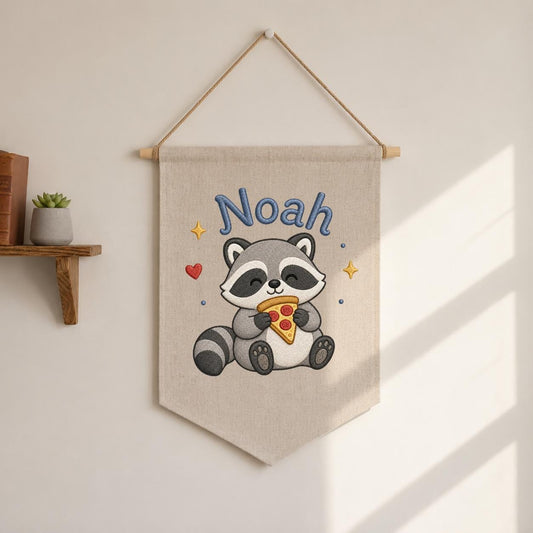 Personalized Embroidered Raccoon Banner, Custom Name Nursery Decor, Linen Wall Hanging