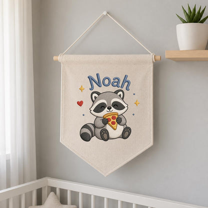 Personalized Embroidered Raccoon Banner, Custom Name Nursery Decor, Linen Wall Hanging