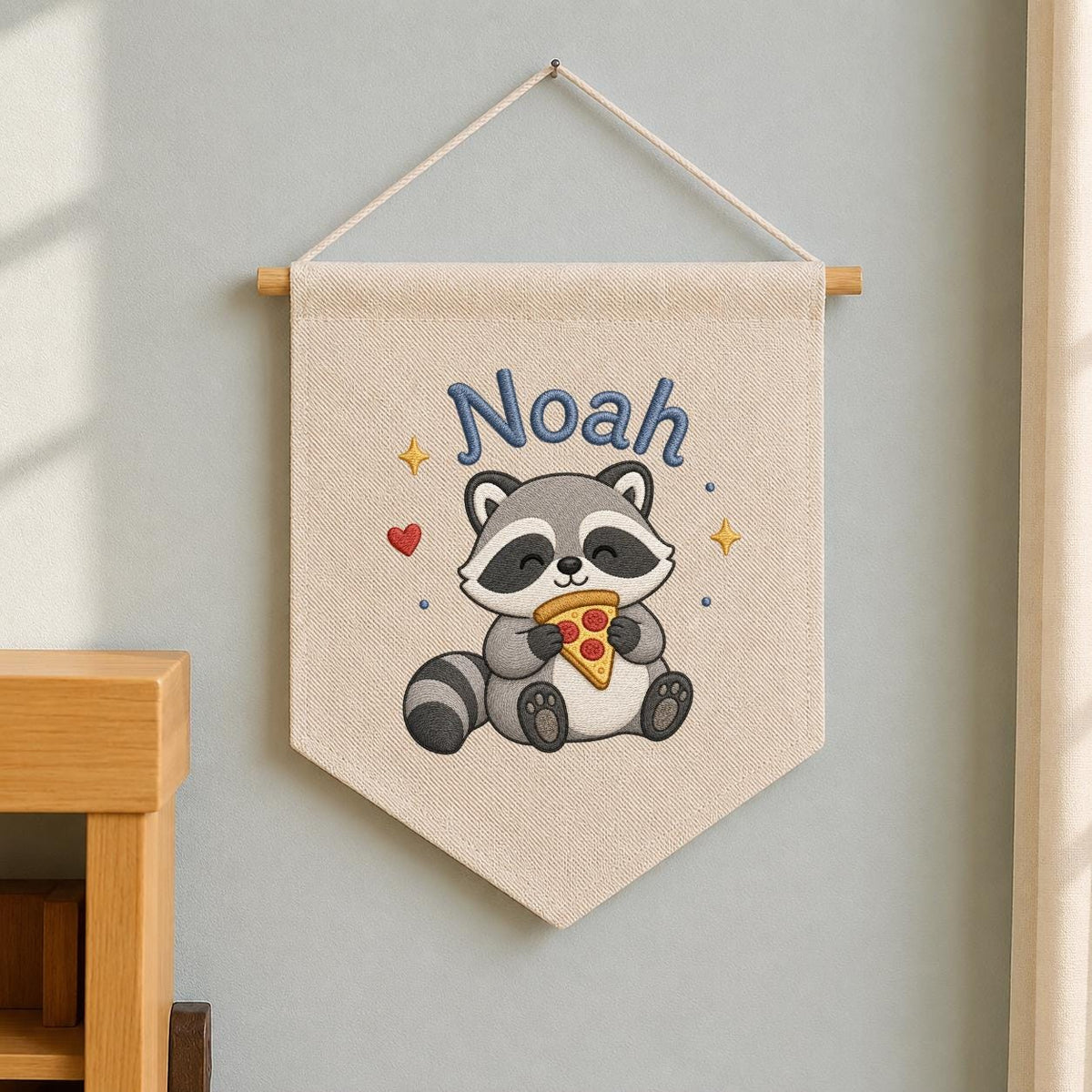 Personalized Embroidered Raccoon Banner, Custom Name Nursery Decor, Linen Wall Hanging