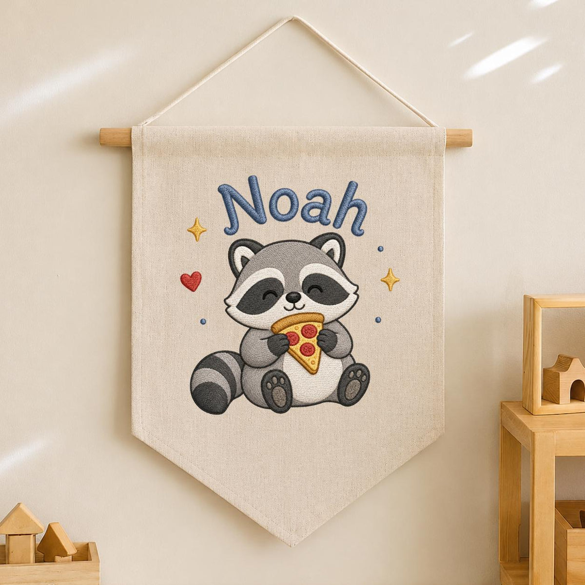 Personalized Embroidered Raccoon Banner, Custom Name Nursery Decor, Linen Wall Hanging