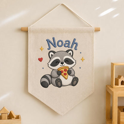 Personalized Embroidered Raccoon Banner, Custom Name Nursery Decor, Linen Wall Hanging