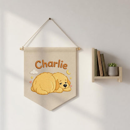 Personalized Embroidered Dog Banner, Sleepy Golden Puppy Nursery Decor