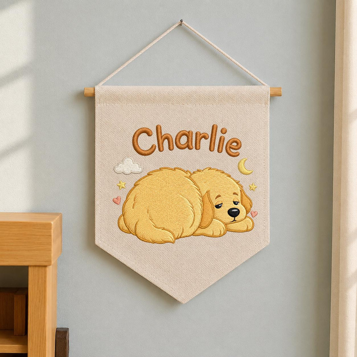 Personalized Embroidered Dog Banner, Sleepy Golden Puppy Nursery Decor
