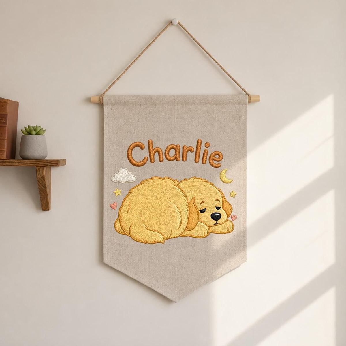 Personalized Embroidered Dog Banner, Sleepy Golden Puppy Nursery Decor