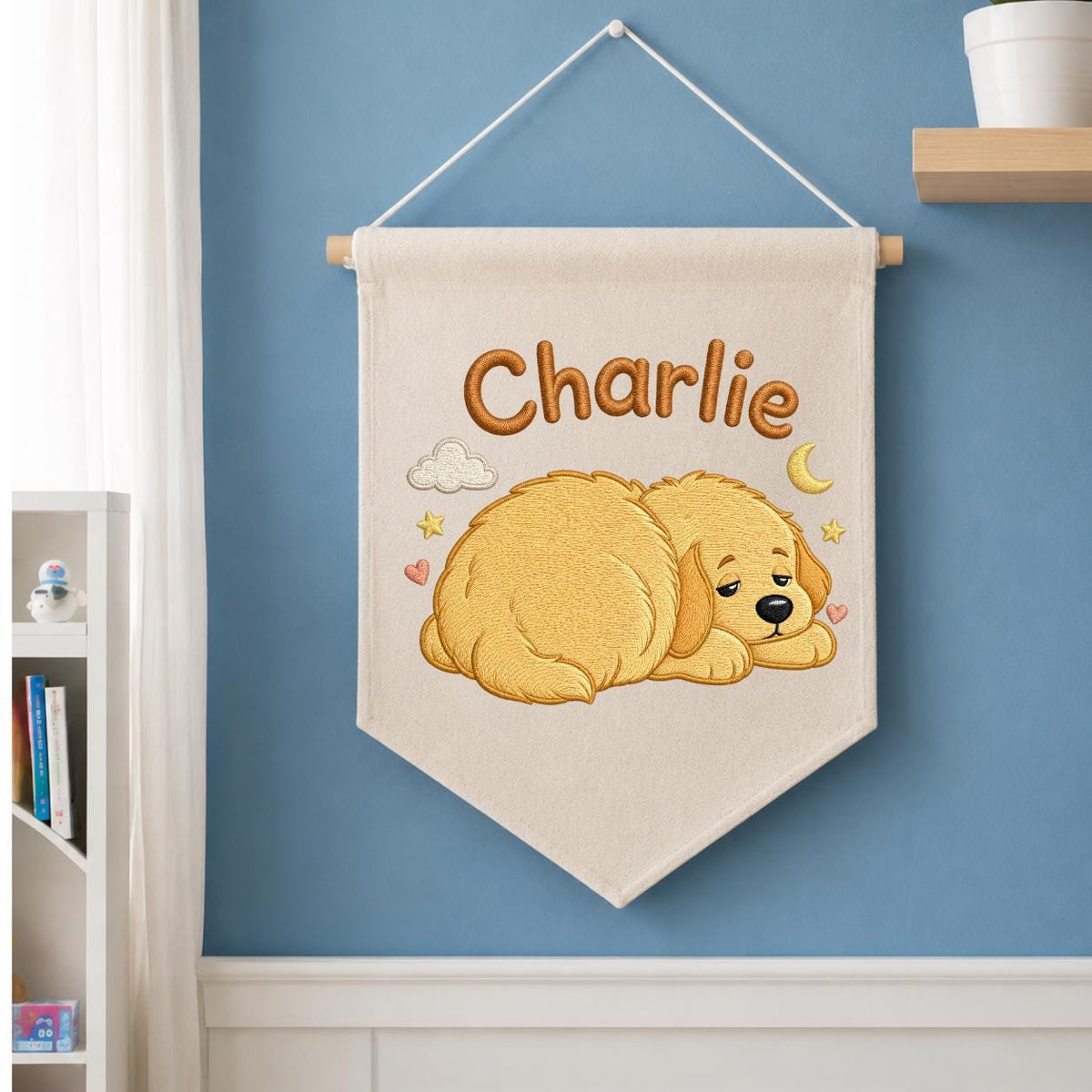 Personalized Embroidered Dog Banner, Sleepy Golden Puppy Nursery Decor