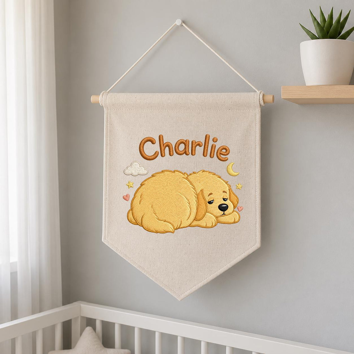 Personalized Embroidered Dog Banner, Sleepy Golden Puppy Nursery Decor