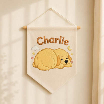 Personalized Embroidered Dog Banner, Sleepy Golden Puppy Nursery Decor