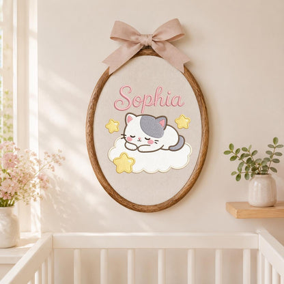 Personalized Embroidered Kitten Cloud Hoop Art, Custom Name Nursery Decor