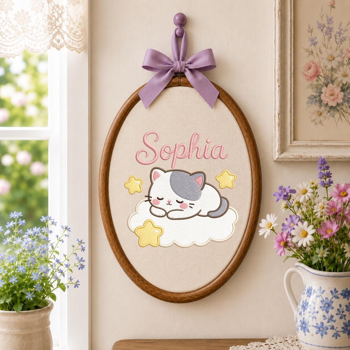 Personalized Embroidered Kitten Cloud Hoop Art, Custom Name Nursery Decor