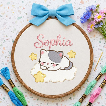 Personalized Embroidered Kitten Cloud Hoop Art, Custom Name Nursery Decor