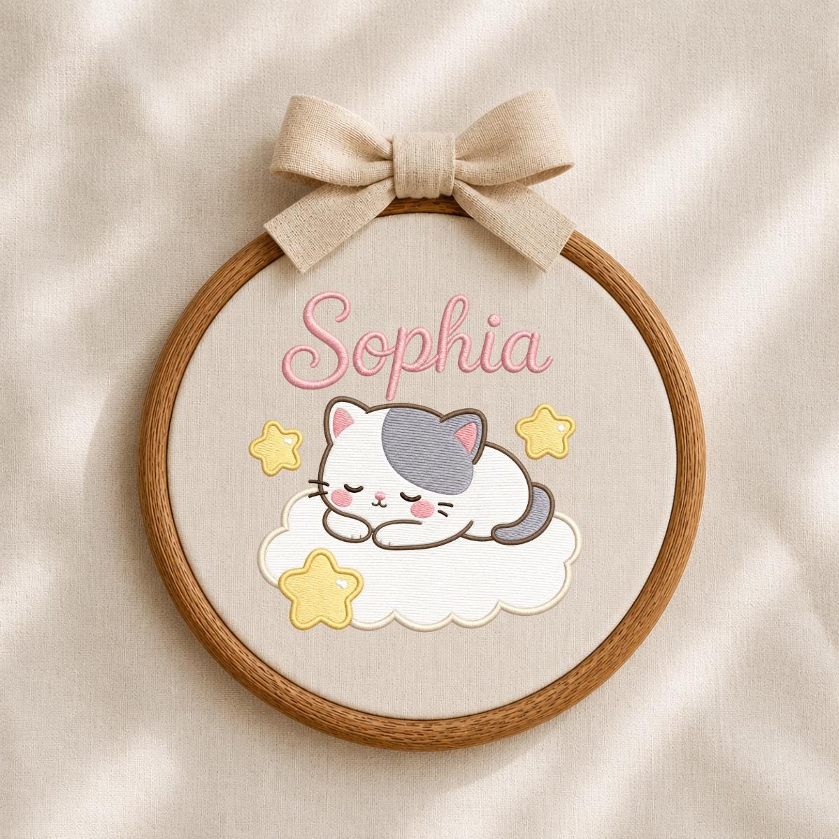 Personalized Embroidered Kitten Cloud Hoop Art, Custom Name Nursery Decor