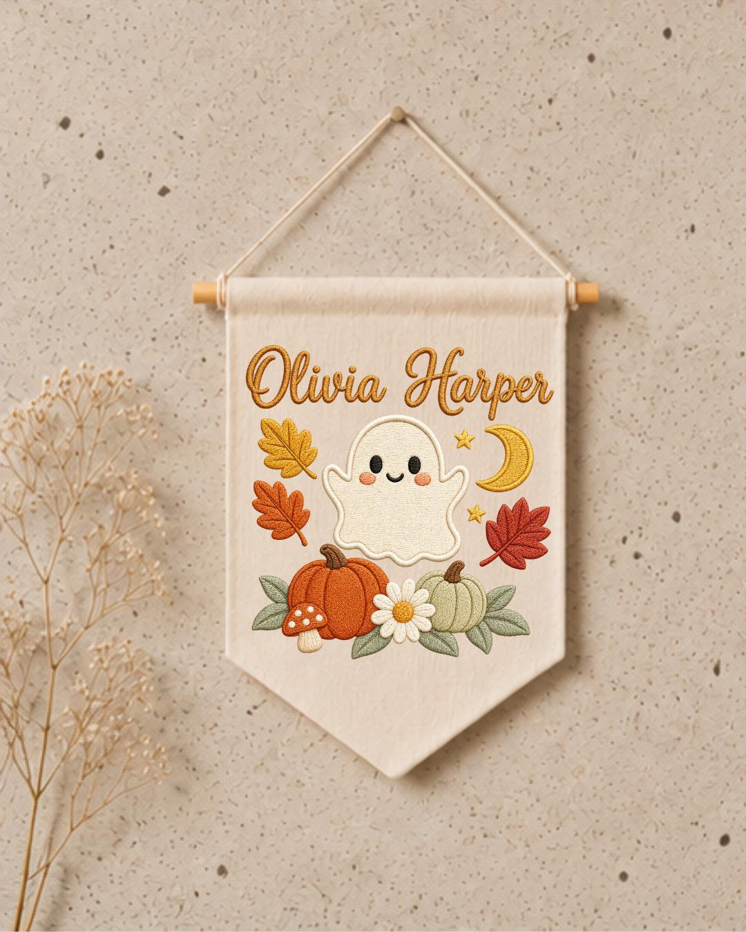 Personalized Halloween Ghost Wall Hanging, Custom Name Embroidered Banner, Cute Pumpkin Fall Nursery Decor, Spooky Season Baby Gift