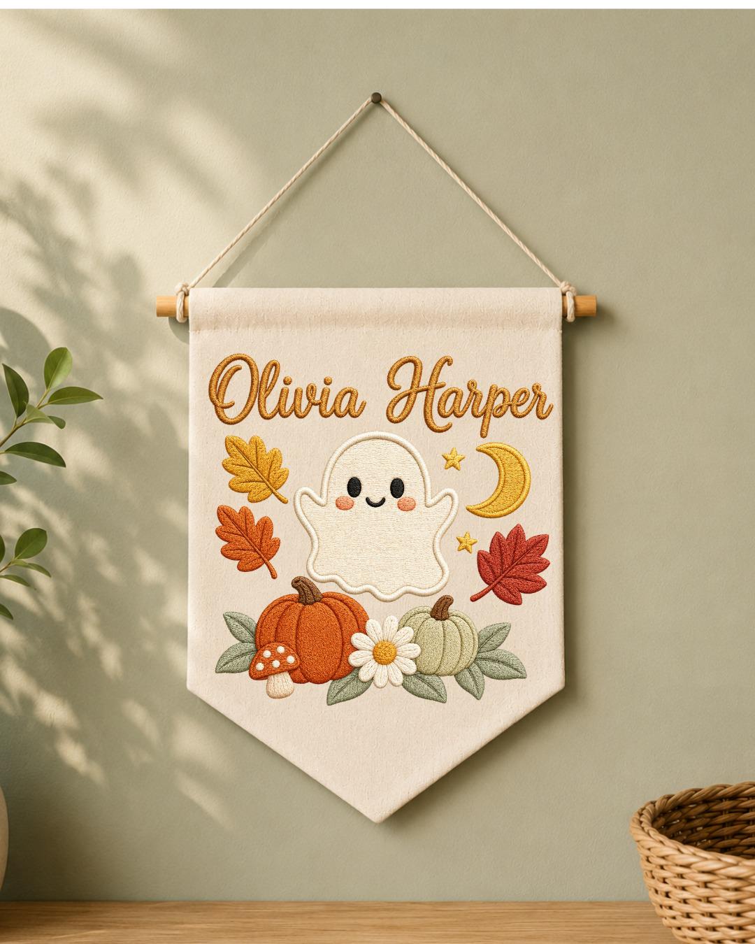 Personalized Halloween Ghost Wall Hanging, Custom Name Embroidered Banner, Cute Pumpkin Fall Nursery Decor, Spooky Season Baby Gift